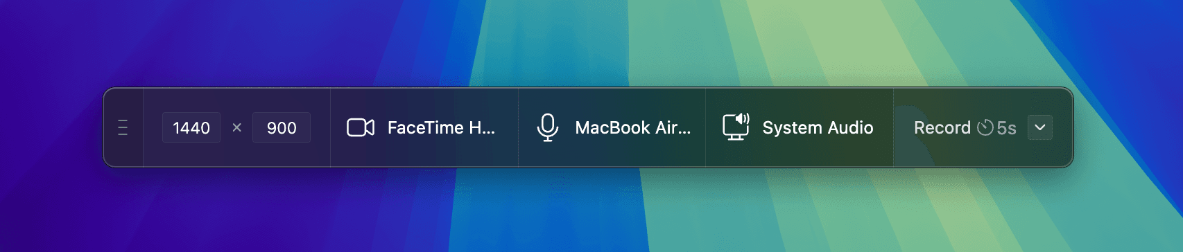 Recording panel interface showing controls for screen, camera, audio, and countdown timer